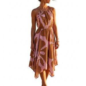 Diane Von Furstenberg Pink & Brown Halter Handkerchief Midi Dress